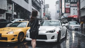 Tokyo raining with a jdm car and Japanese girl