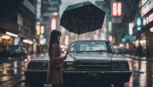 Raining in Japan with a Japanese car and Japanese girl