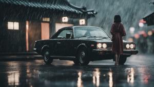 Raining in Japan with a Japanese car and Japanese girl