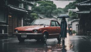 Raining in Japan with a Japanese car and Japanese girl