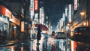 Jdm and Japanese girl in Tokyo night time and raining