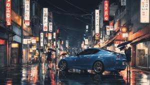 Jdm and Japanese girl in Tokyo night time and raining