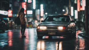 Jdm car and Japanese girl in Tokyo while its night time and raining