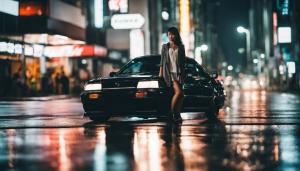 Jdm car and Japanese girl in Tokyo while its night time and raining