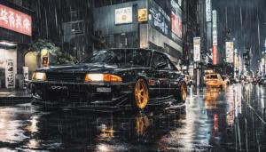 Jdm car and girl in tokyo raining and night