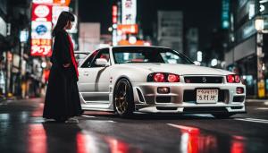 Nissan r34 in tokyo at night with a girl