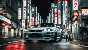 Nissan r34 in tokyo at night with a girl