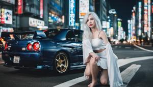 A beautiful girl with white hair next to a nissan r34 in tokyo at night