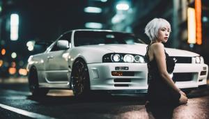 A beautiful Japanese girl with white hair in tokyo next to a nissan r34 at night