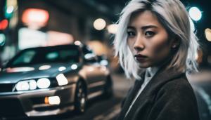 A beautiful Japanese girl with white hair in tokyo next to a nissan r34 at night