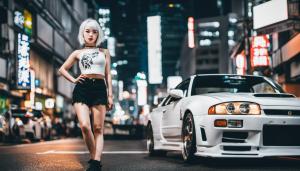 Beautiful Japanese girl with white hair wearing a crop top next to r34 in Tokyo at night