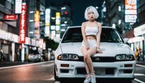 Beautiful Japanese girl with white hair wearing a crop top next to r34 in Tokyo at night