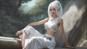 Japanese goddess with white hair wearing a crop top with mini skirt, sitting on r34