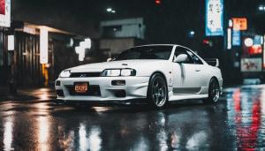 Japanese girl with white hair and tattoos, nissan r33, tokyo, night, rain