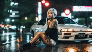 Japanese girl with white hair and tattoos, nissan r33, tokyo, night, rain