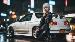 Japanese girl with white hair and tattoos, nissan r33, tokyo, night, rain