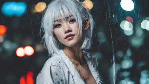 Japanese girl with white hair and tattoos, nissan r33, tokyo, night, rain