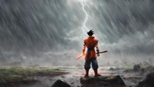 1 Arm Future Gohan standing in the rain Landscape, HD, Detailed, Perfect details, Masterpiece, blood, fighting stance