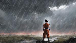 1 Arm Future Gohan standing in the rain Landscape, HD, Detailed, Perfect details, Masterpiece, blood, fighting stance