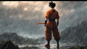 1 Arm Future Gohan standing in the rain Landscape, HD, Detailed, Perfect details, Masterpiece, blood, fighting stance