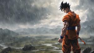 1 Arm Future Gohan standing in the rain Landscape, HD, Detailed, Perfect details, Masterpiece, blood, fighting stance