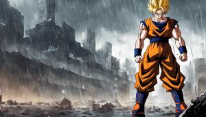 1 Armed Future Gohan standing in the rain with a destroyed city Landscape, Super Saiyan, HD, Masterpiece, Ripped clothes, 1 arm missing, perfect details