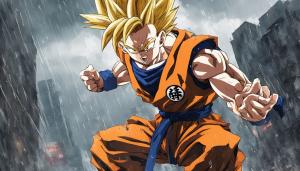 1 Armed Future Gohan standing in the rain with a destroyed city Landscape, Super Saiyan, HD, Masterpiece, Ripped clothes, 1 arm missing, perfect details