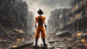 Future Gohan standing in a Destroyed city in rain fighting against android 17 and android 18 landscape, Super Saiyan Future Gohan, HD, Masterpiece, Gohan radiates a golden aura, perfect details 