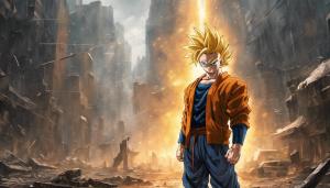 Future Gohan standing in a Destroyed city in rain fighting against android 17 and android 18 landscape, Super Saiyan Future Gohan, HD, Masterpiece, Gohan radiates a golden aura, perfect details 