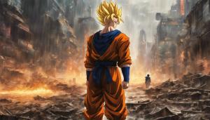 Future Gohan standing in a Destroyed city in rain fighting against android 17 and android 18 landscape, Super Saiyan Future Gohan, HD, Masterpiece, Gohan radiates a golden aura, perfect details 