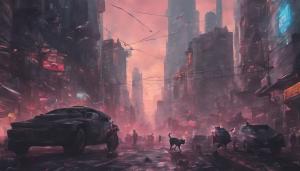 Cyberpunk city kitten invasion