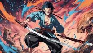 Inosuke from demon slayer slashings demons head with his katana