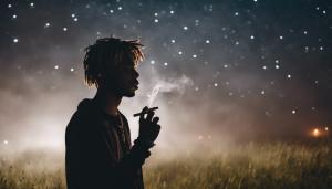 Juice wrld smoking in a meadow under the stars with a light fog