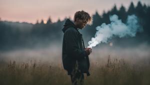 Juice wrld smoking in a meadow under the stars with a light fog