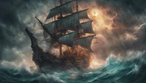 Kraken and pirate ship in a storm