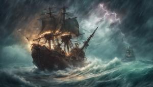 Kraken and pirate ship in a storm