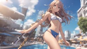 Attractive well endowed female anime swimsuit models, girls, healthy figure, keyblade wielder, hourglass figure, bestfriends,