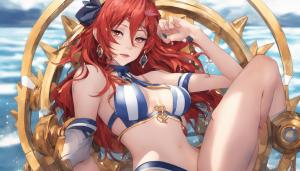 Attractive female keyblade wielder in swimsuit, red elegant hair, hour glass figure, thighs highs, 