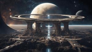 Future civilation built on a crescent moon in deep space nebula