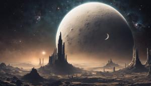 Future civilation built on a crescent moon in deep space nebula