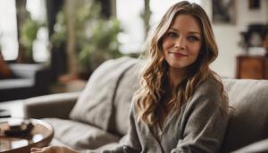 Melissa Benoist cute on couch in living room cozy