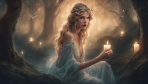 Taylor Swift in Magical forest at midnight candle light