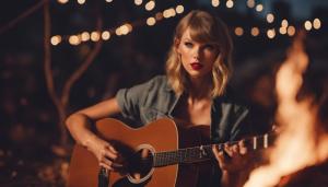 Taylor Swift playing guitar at camp fire under the stars