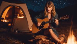 Taylor Swift playing guitar at camp fire under the stars