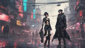 Bayonetta and Wraith from apex legends crossover in a cyberpunk city background.  Standing in the middle of the street.  In a dominate poses or stance.  People are walking by turning their heads to see