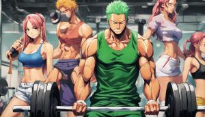 Zoro from one piece lifting weights with girls