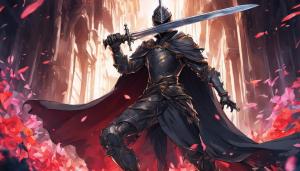 Black knight wearing a cape and using a one handed sword