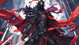 Black knight wearing a cape and using a one handed sword