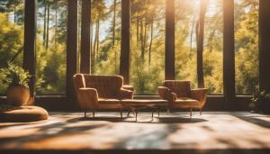 Art Deco style Lounge bright sunny day outside.overlooking a forest.