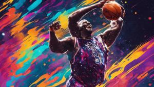 Nba inspired shaquille o'neal dunking with colourful blurred background on an outer space like pitch